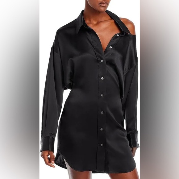 Alexander Wang 100% Silk Black Shirt Dress with Cutout Shoulder- Size 2 - Picture 2 of 12